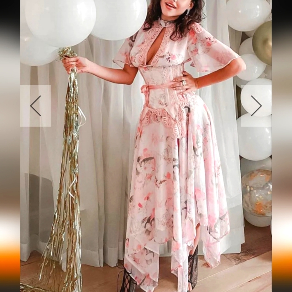 FLORAL PINK FULL STEEL BONED CORSET DRESS